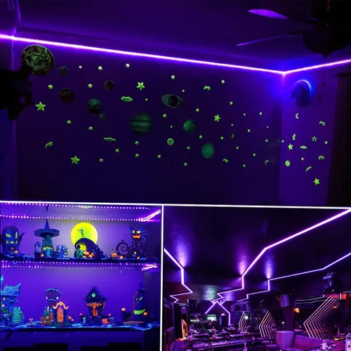 Vista 8 de Tiras de luz LED negras de 6.6 pies, 120 tiras LED UV a pilas para fiesta brillante, Halloween, vidrio, póster, pintura, batería no incluida