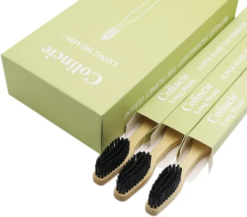 Vista 2 de Cepillo de dientes de carbón de bambú extra duro y firme, cabeza larga con mango ancho grueso, blanqueamiento de dientes, paquete de 12