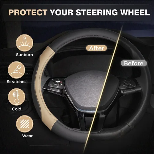 Vista 4 de Funda para volante de automóvil, fundas de cuero de microfibra con forro antideslizante, protector elástico transpirable para volante de automóvil