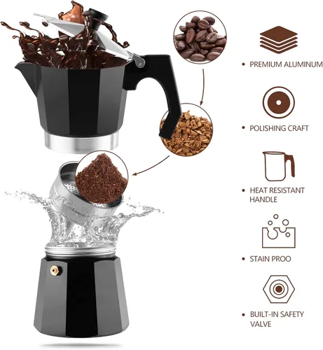 Vista 3 de wedrink Cafetera de Espresso de 3 Tazas para Estufa, Olla de Moka de Aluminio Percolador (150ml)