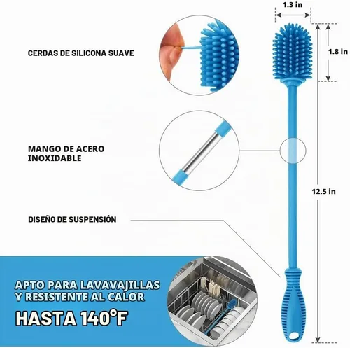 Vista 4 de Silicone Bottle Brush with Long Handle, 12.5" Bottle Cleaning Brush, Blue Azul
