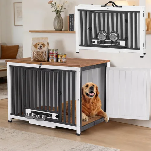 Vista 11 de Muebles de jaula para perros de 33.3 pulgadas, jaulas plegables para perros con cuencos giratorios de 360°, jaula de madera para cachorros con marco