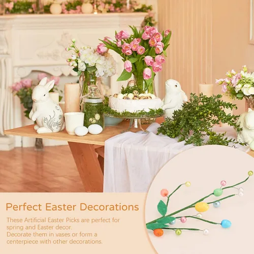 Vista 5 de 6 palillos artificiales de huevos de Pascua, ramas florales, coloridos huevos de Pascua, guirnalda de huevos de Pascua, palillos de flores, ramo