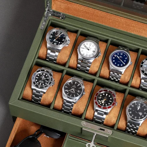 Vista 6 de ROTHWELL Caja de reloj de 10 ranuras en cuero con cajón de valet organizador de exhibición de lujo con forro de microgamuza ultrasuave soporte