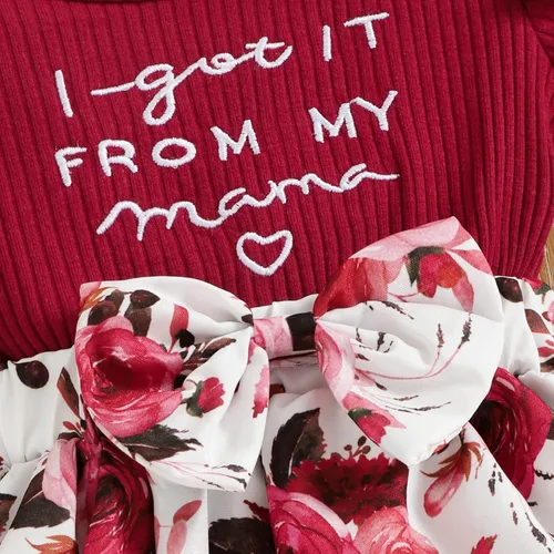 Vista 6 de Conjunto de vestido de mameluco para niñas con letras florales, estampado de mamá, con volantes, ropa corta, diadema