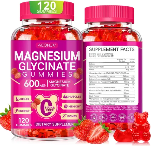 Vista 18 de Gomitas de glicinato de magnesio de 600 mg de alta absorción, glicinato de magnesio para mujeres y hombres con vitamina D, B6 y CoQ10 para adultos