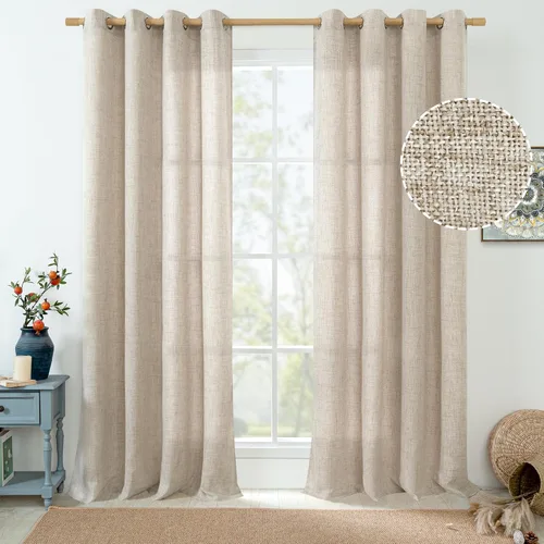 Vista 14 de Cortinas de Lino Toffee de 63 Pulgadas de Largo para Sala de Estar/Dormitorio, Arpillera Gruesa Texturizada Filtrado de Luz No Transparente