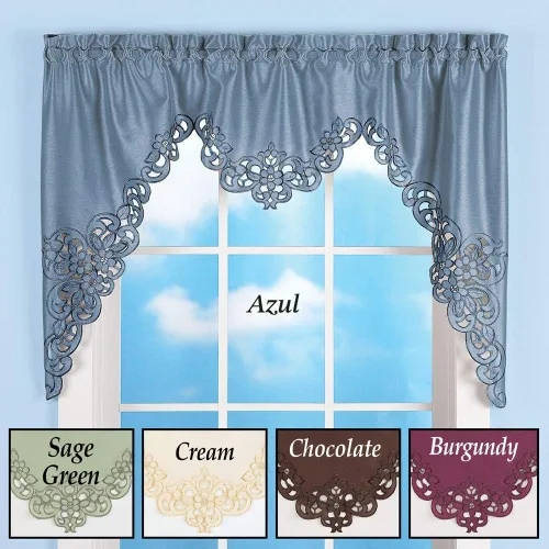 Vista 3 de Collections Etc Elegante cenefa para ventana con recortes y bordado con bolsillo para barra en la parte superior para fácil colocación, azul, 58" X