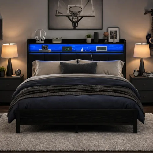 Vista 11 de IMMERSTABLE - Base de cama individual con cabecero de almacenamiento, marco de cama de plataforma metálico individual con luces LED y estación