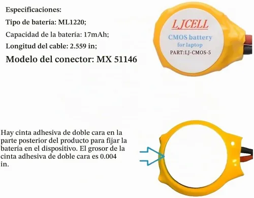 Vista 4 de CMOS ML1220 - Batería para DELL XPS 13 15 9343 9350 9360 9365 BIOS RTC ML1220 Batería con 2 cables y conector