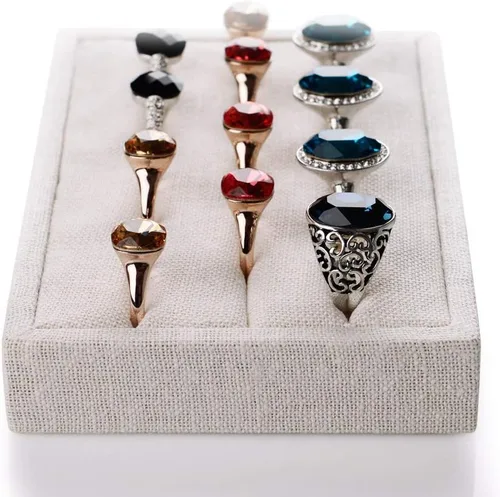 Vista 2 de Oirlv - 3 ranuras para anillos de lino bandejas de exhibición para joyas blanco cremoso rectangular