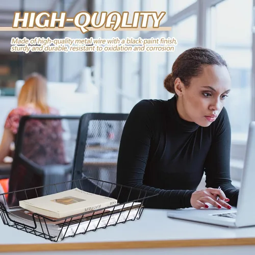 Vista 4 de Yeaqee 3 bandejas de papel de alambre apilables, organizador de escritorio de archivo, cesta de metal para escritorio, almacenamiento de cartas