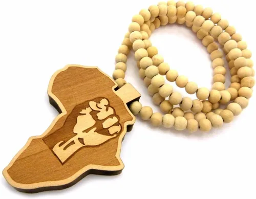 Vista 2 de Collar de cadena de cuentas de madera para hombre de África MAP FIST African Power Unity