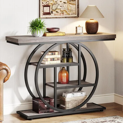 Vista 11 de Tribesigns Mesa de Consola de 41.3", Mesa Industrial de 4 Niveles para Sofá Mesa de Entrada con Base Circular, Mesas de Acento de Madera Estrechas