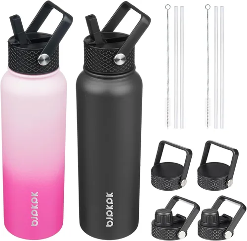 Vista 25 de BJPKPK Paquete de 2 botellas de agua aisladas con tapas con pajita, botella de agua de metal de acero inoxidable de 18oz con 6 tapas, jarras a