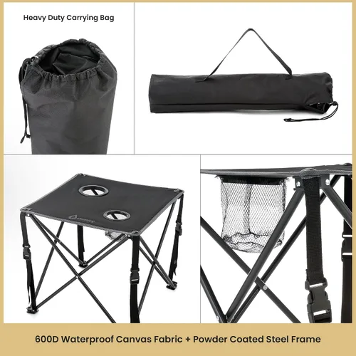 Vista 5 de ARROWHEAD OUTDOOR Mesa plegable portátil de 26 pulgadas (26.0 in), 2 portavasos, cuadrado, funda de transporte, marco de acero, lona 600D de alto