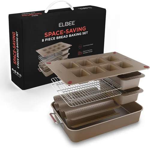 Vista 10 de Elbee Home - Juego de 8 piezas de acero aluminizado antiadherente, ahorro de espacio, con bandeja para asar profundamente, bandeja para galletas