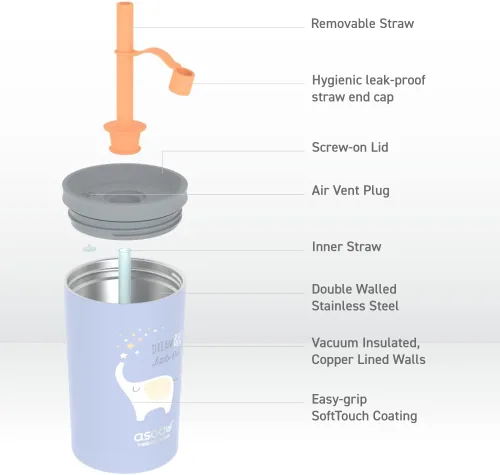 Vista 5 de asobu Vaso de acero inoxidable para niños con tapa flexible con popote Botella de agua aislada Vaso de viaje reutilizable de 12 onzas (azul)