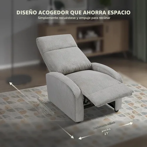 Vista 3 de Lexicon Sillón Reclinable de Pana con Respaldo Empujable Sillón Butaca Reclinable de Empuje hacia Atrás, Marco de Madera Sólida y Base de Metal Gris
