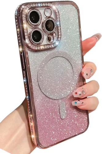 Vista 12 de Funda magnética de lujo con purpurina compatible con iPhone 13 Pro Max de 6.7 pulgadas, bonita funda transparente con diamantes de imitación