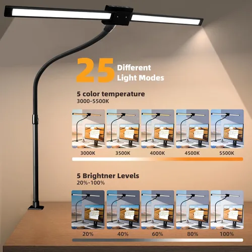 Vista 4 de Lámpara de escritorio LED con abrazadera, cuello de cisne con control remoto, luz de escritorio con protección ocular, 24 W, ultra brillante