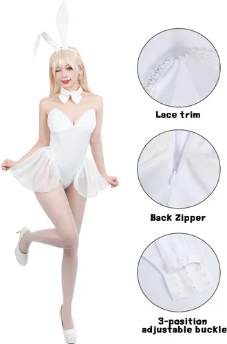 Vista 5 de FCCAM - Disfraz de conejo para mujer, overol blanco de una pieza con cola de conejo, niña de Halloween, cosplay