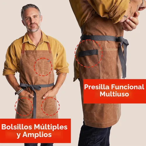 Vista 4 de hedley & bennett Delantal Waxman - 100% Algodón, Resistente al Agua, Delantal de Lona Encerada Resistente con Bolsillos y Correa Ajustable para Asar