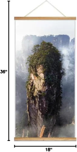 Vista 4 de wall26 - Póster colgante con marcos de madera - Cumbre de montaña en la niebla - Arte decorativo de pared listo para colgar - 18 x 36 pulgadas
