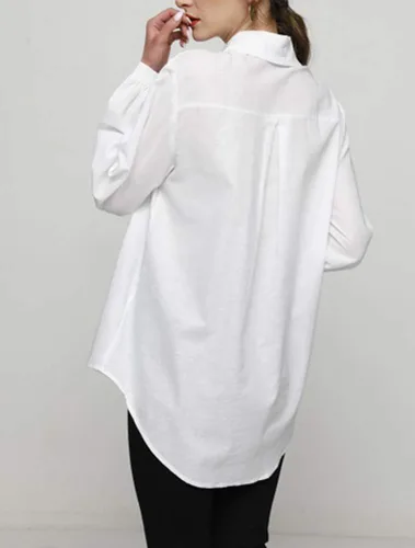 Vista 3 de FTCayanz Blusas casuales de lino para mujer, cuello en V, manga larga, con botones