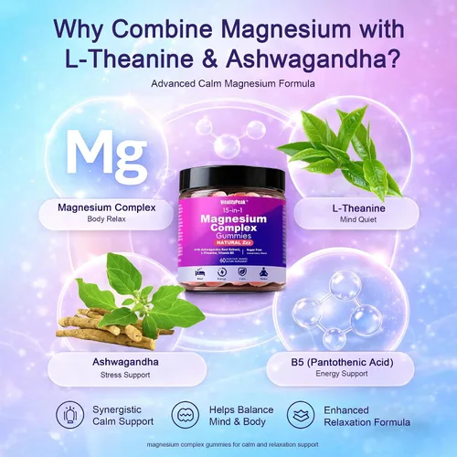 Vista 6 de Gomitas de magnesio para dormir de 400 mg – Gomitas de complejo de magnesio calmante para apoyo del sueño y relajación con L-teanina y ashwagandha