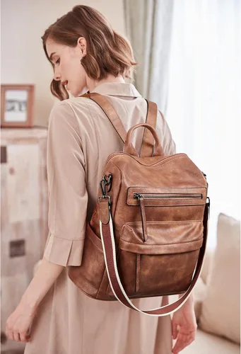 Vista 2 de BROMEN Mochila para mujer, diseño de cuero, de viaje, grandes bolsas de hombro para mujer