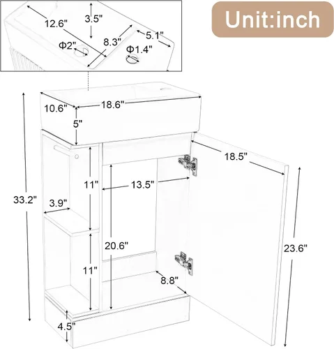 Vista 2 de LUMISOL Tocador de baño pequeño de 18.6 pulgadas con fregadero de cerámica, tocador estrecho con soporte para papel higiénico y puerta de cierre Gris