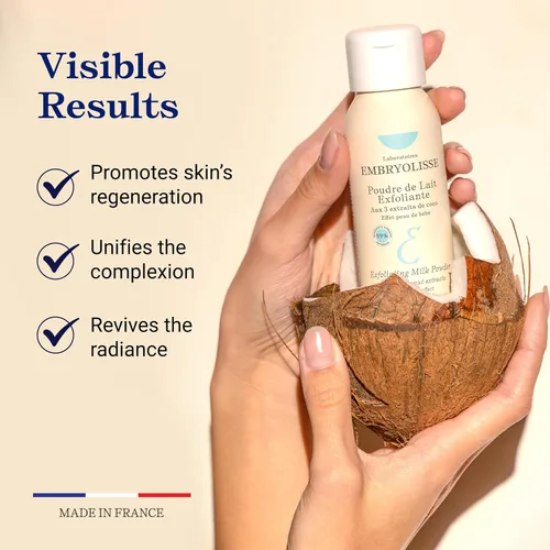 Vista 3 de Embryolisse Exfoliante facial en polvo, limpiador facial que exfolia, tonifica y suaviza la piel, con coco y leche en polvo, para todo
