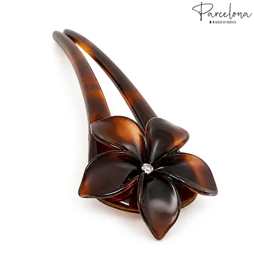 Vista 5 de Parcelona French Belle Flower Gran Tortuga Shell Brown Slide Hair Celuloide Chignon Moño Pelo Updo U Stick Pin con cristal