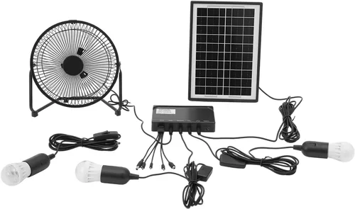 Vista 2 de Kit de ventilador solar y luz con 3 bombillas, carga USB, portátil, camping al aire libre