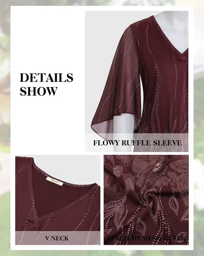 Vista 5 de Bebonnie Blusas holgadas de malla floral con cuello en V y mangas acampanadas para mujer