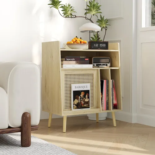Vista 6 de Semiocthome Soporte para tocadiscos con almacenamiento de vinilo, mesa de tocadiscos con estante de almacenamiento, soporte giratorio con puerta