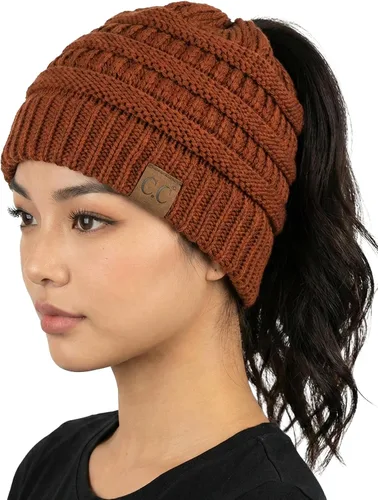 Vista 24 de Funky Junque Gorro de Cola de Caballo para Mujeres - Gorro de Invierno Ponyback Suave Elástico de Punto Trenzado Cola Alta Gorros para Correr