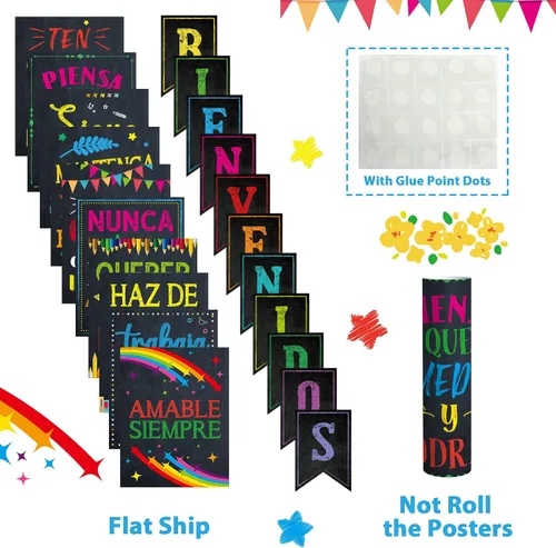 Vista 4 de gisgfim 21 pósteres inspiradores españoles de Bienvenidos, color negro, colorido, motivacional, juego de tablones de anuncios para el aula, oficina