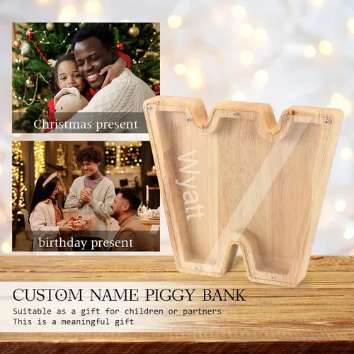 Vista 5 de Wooden Piggy Bank Personalized 26 English Alphabet Letter Coin Bank Custom Money Box Wooden Piggy Bank Gift for Kids Christmas Birthday Gift Home