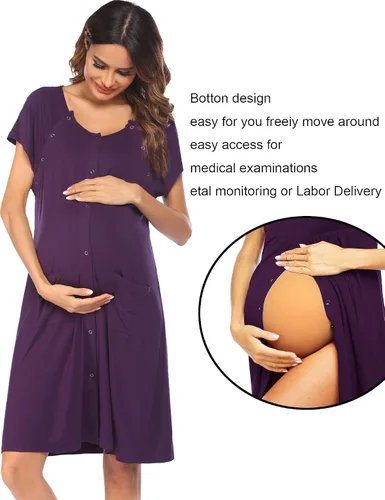 Vista 2 de Ekouaer Vestido de lactancia 3 en 1, camisón de maternidad, parto y lactancia materna con botón