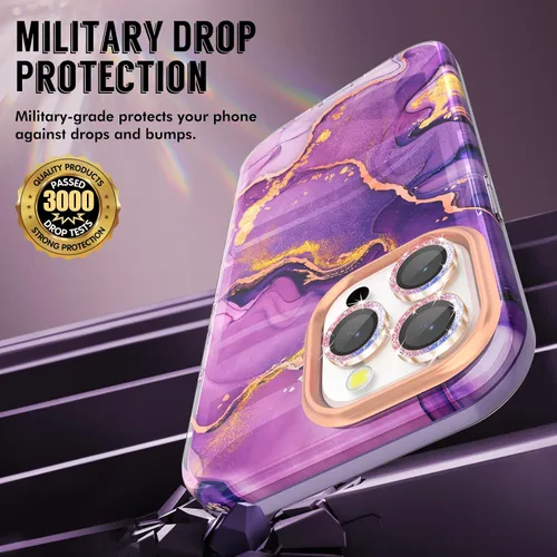 Vista 5 de SHEDEER Funda para iPhone 15 Pro MAX con protector de cámara con purpurina y protector de pantalla, patrón chic antiamarillento, protección contra