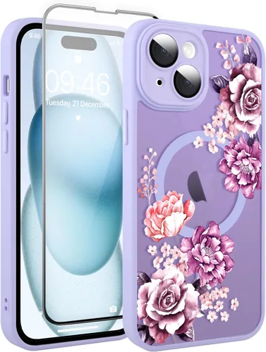 Vista 135 de Funda magnética para iPhone 13 con protector de pantalla [compatible con MagSafe], diseño de patrón floral de flores, a prueba de golpes