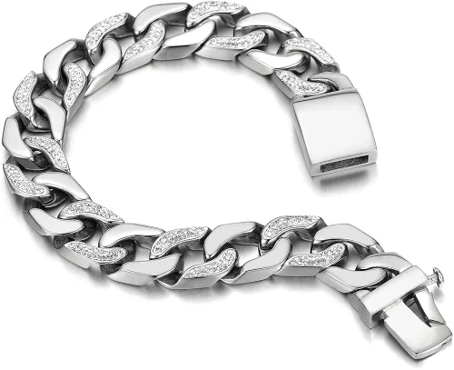 Vista 2 de COOLSTEELANDBEYOND Pulsera de cadena de acero inoxidable para hombre, altamente pulida con circonita cúbica