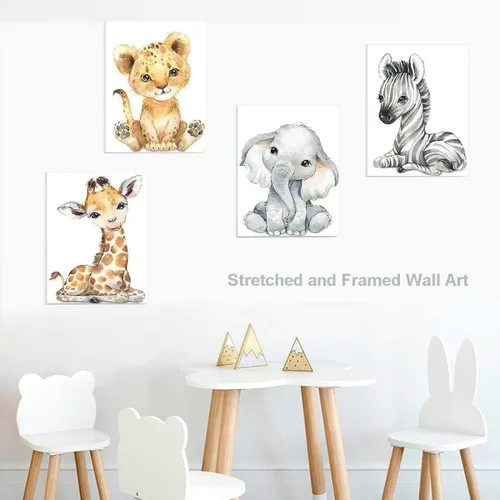 Vista 2 de Arte de pared de animales del bosque, impresiones en lienzo enmarcado, acuarela, cebra, leño, tigre, elefante, dibujos animados, decoración
