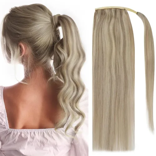 Vista 13 de Extensiones de cabello Full Shine con clip para cola de caballo, cabello humano, tonos medios marrones y rubio miel, envoltura alrededor de la cola