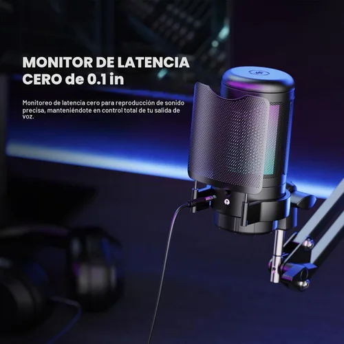 Vista 7 de Kit de micrófono USB para juegos, micrófono de condensador RGB con silencio, ganancia, soporte de brazo ajustable para monitoreo, filtro pop