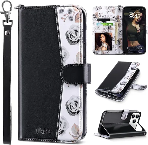 Vista 33 de ULAK Funda tipo cartera compatible con iPhone 15 Pro con tarjetero y diseño de flores, para mujeres y niñas, piel sintética, con función atril