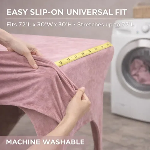 Vista 5 de Funda de terciopelo rosa para mesa de masaje, cama elástica para pestañas y mesa de masaje con corte de pierna y bolsillo, se adapta a mesas de 72 a