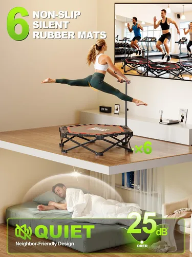 Vista 3 de 42" Foldable Mini Trampoline- 450lb Capacity Fitness Rebounder w/3-Level Adjustable T-Bar, Adults Workout Trampoline, Non-Slip Pad Foldable Design